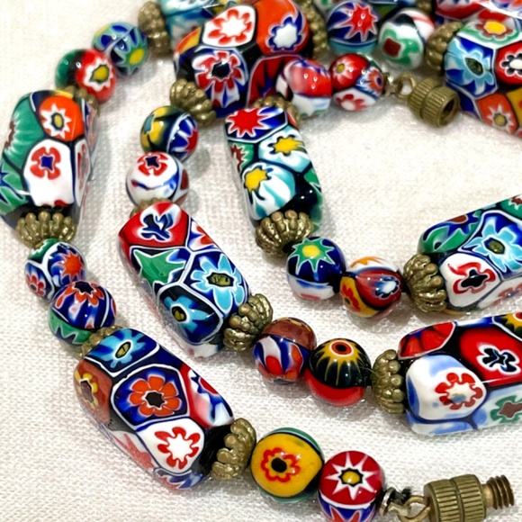 RARE Vintage Murano Millefiori Moretti Venetian Rectangle Glass Bead Necklace - Picture 2 of 11